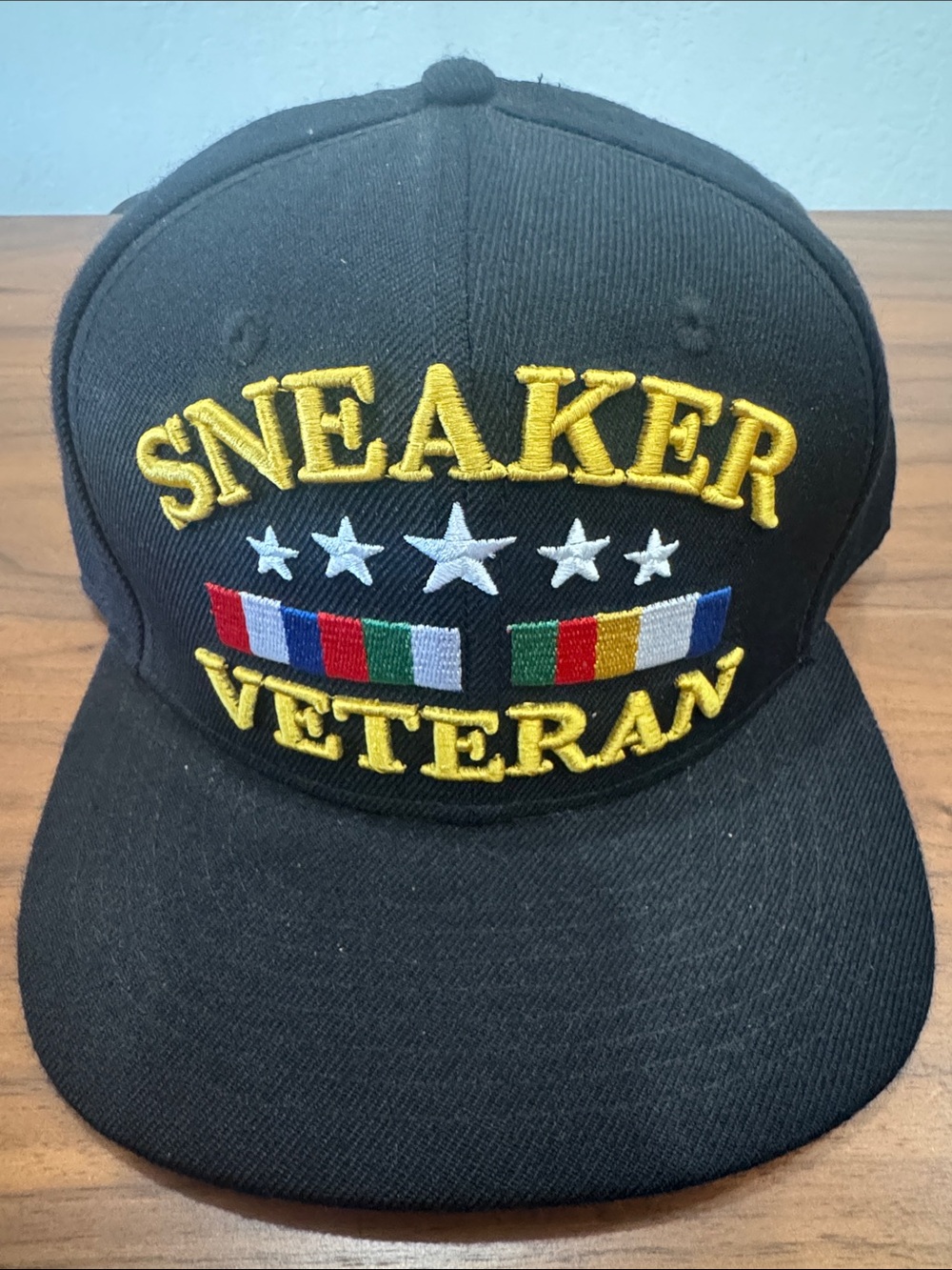 Sneaker Veteran Embroidered Black Snapback Hat